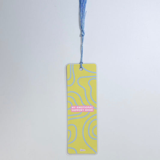 Bookmark en diseño que dice "My Emotional Support Book" con tassel de color.